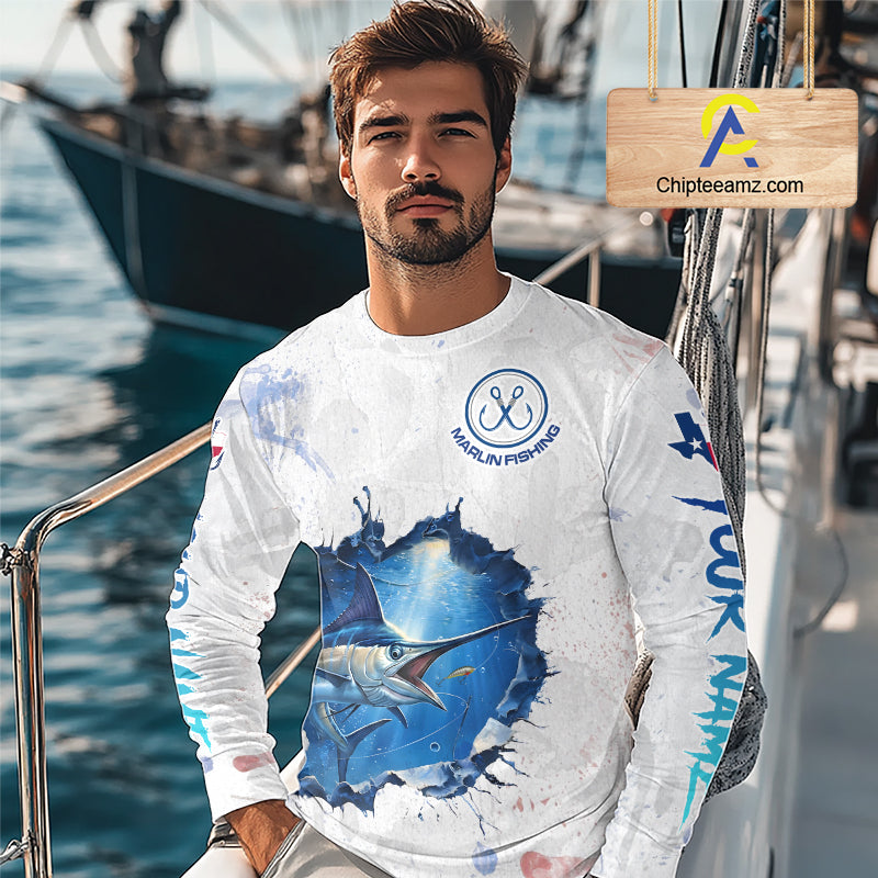 Custom Marlin Fishing Long Sleeve Tournament Shirts, Marlin Saltwater Fishing Apparel | White NBT681