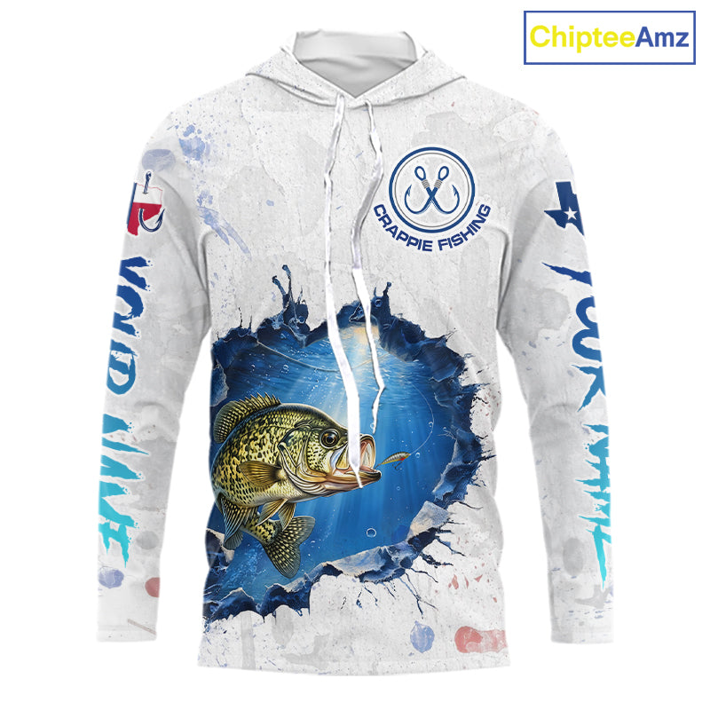 Custom Crappie Fishing Long Sleeve Hooded Tournament Shirts, Crappie Fishing Apparel | White NBT682