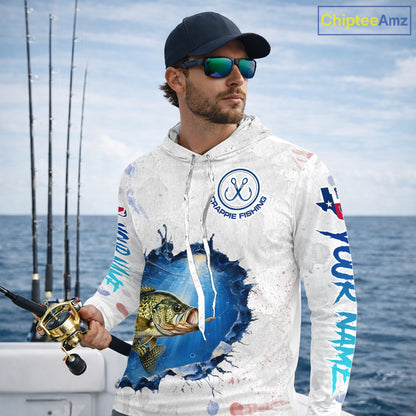 Custom Crappie Fishing Long Sleeve Hooded Tournament Shirts, Crappie Fishing Apparel | White NBT682