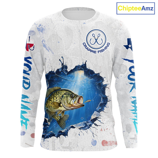Custom Crappie Fishing Long Sleeve Tournament Shirts, Crappie Fishing Apparel | White NBT682