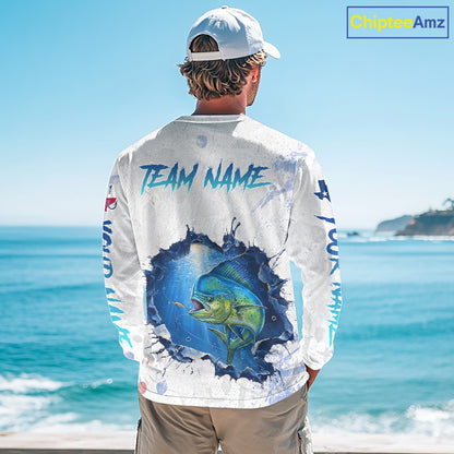 Custom Mahi Mahi Fishing Long Sleeve Tournament Shirts, Mahi Mahi Saltwater Fishing Apparel | White NBT683