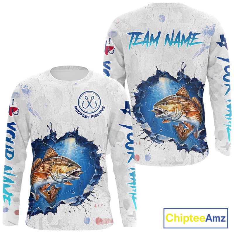 Custom Redfish Fishing Long Sleeve Tournament Shirts, Redfish Saltwater Fishing Apparel | White NBT684