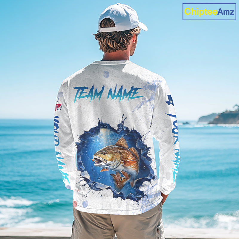 Custom Redfish Fishing Long Sleeve Tournament Shirts, Redfish Saltwater Fishing Apparel | White NBT684