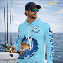 Load image into Gallery viewer, Custom Redfish Fishing Long Sleeve Hooded Tournament Shirts, Redfish Saltwater Fishing Apparel | Blue NBT686