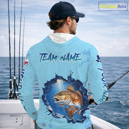 Custom Redfish Fishing Long Sleeve Hooded Tournament Shirts, Redfish Saltwater Fishing Apparel | Blue NBT686