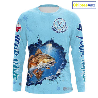 Custom Redfish Fishing Long Sleeve Tournament Shirts, Redfish Saltwater Fishing Apparel | Blue NBT686