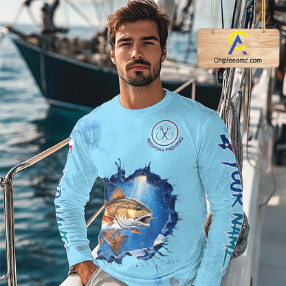 Custom Redfish Fishing Long Sleeve Tournament Shirts, Redfish Saltwater Fishing Apparel | Blue NBT686