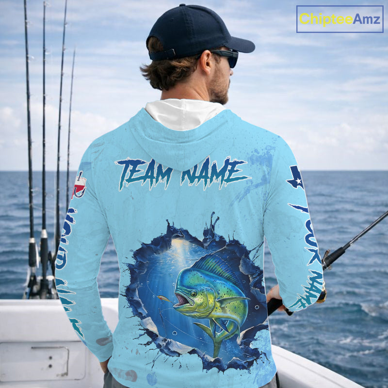 Custom Mahi Mahi Fishing Long Sleeve Hooded Tournament Shirts, Mahi Mahi Saltwater Fishing Apparel | Blue NBT687