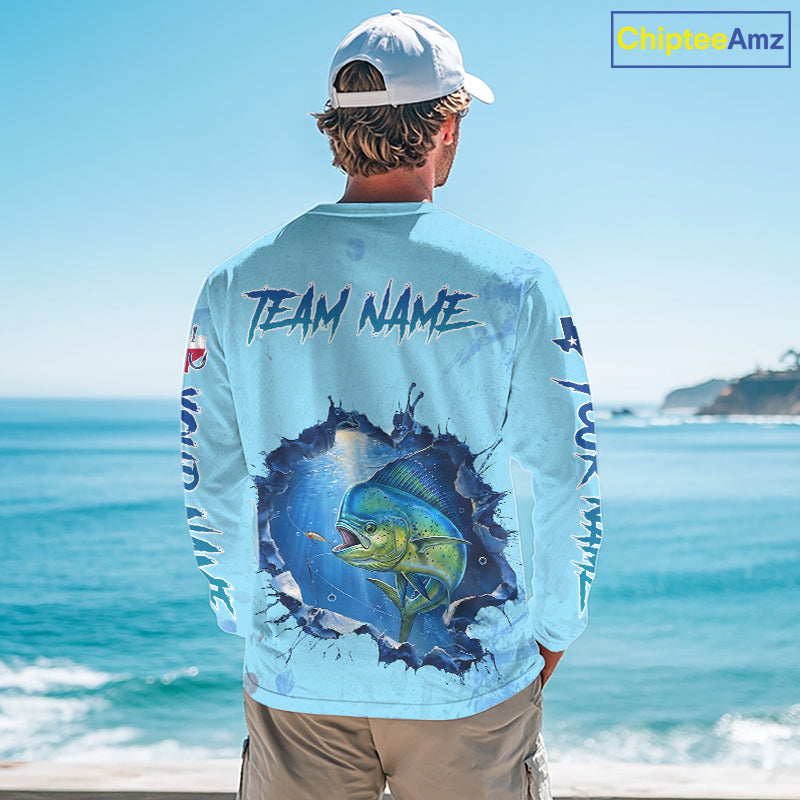 Custom Mahi Mahi Fishing Long Sleeve Tournament Shirts, Mahi Mahi Saltwater Fishing Apparel | Blue NBT687