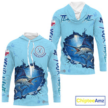 Load image into Gallery viewer, Custom Marlin Fishing Long Sleeve Hooded Tournament Shirts, Marlin Saltwater Fishing Apparel | Blue NBT688