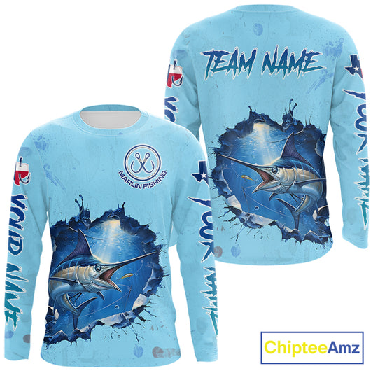Custom Marlin Fishing Long Sleeve Tournament Shirts, Marlin Saltwater Fishing Apparel | Blue NBT688