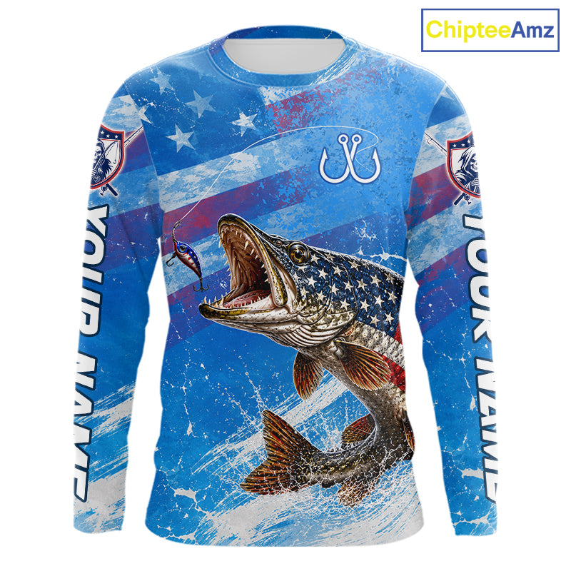 American flag northern pike fishing shirt long sleeve front view