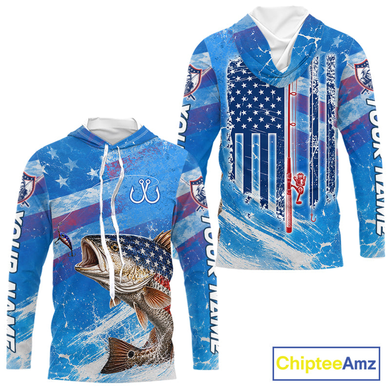 American flag largemouth bass hooded fishing shirt front and back view