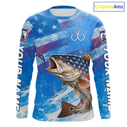 American flag redfish fishing shirt long sleeve front view