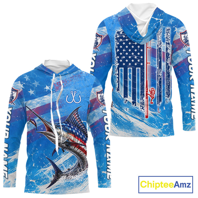 American flag marlin hooded fishing shirt front and back view