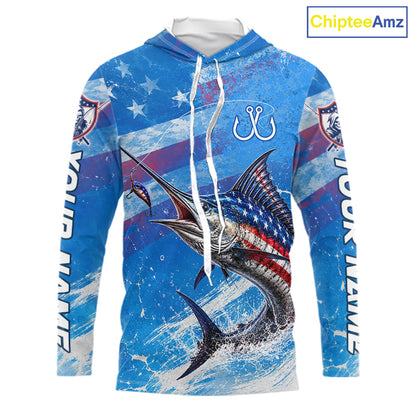 American flag marlin hooded fishing shirt front view