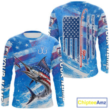 Load image into Gallery viewer, American flag marlin fishing shirt long sleeve front and back view