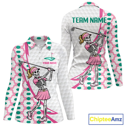 Funny Skeleton Pink Pattern Womens Golf Polo Shirt Golf Outfit Custom Name, Funny Golf Shirts NBT782