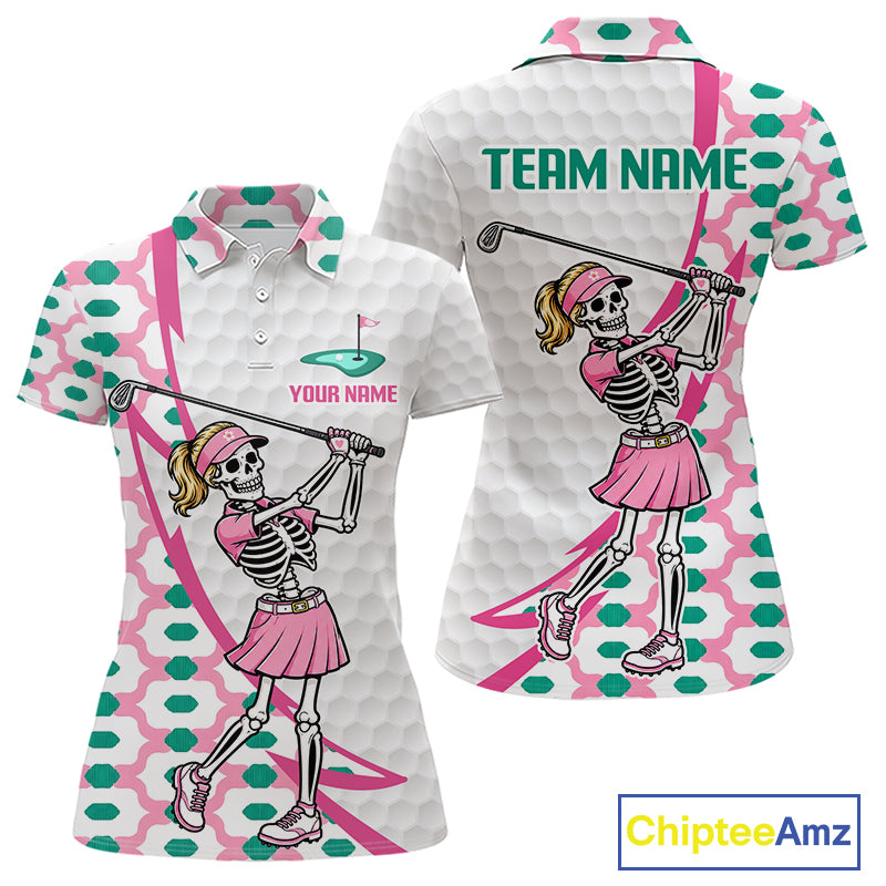 Pink skeleton golf polo shirt for women with personalized name and team name