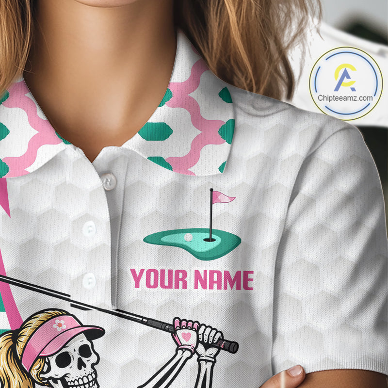 Funny Skeleton Pink Pattern Womens Golf Polo Shirt Golf Outfit Custom Name, Funny Golf Shirts NBT782