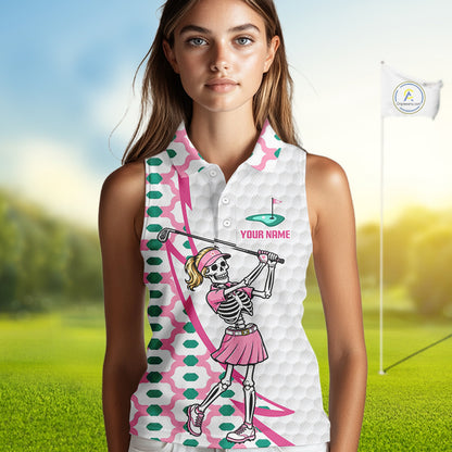 Woman wearing funny skeleton golf sleeveless polo shirt with skeleton golfer design on golf course