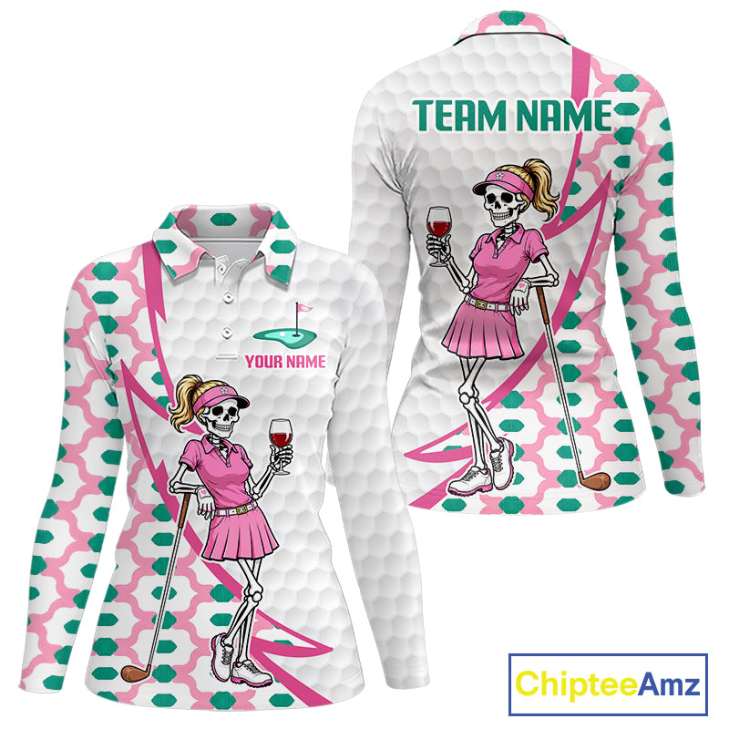 Funny Skeleton Pink Pattern Womens Golf Polo Shirt Golf Outfit Custom Name, Funny Golf Shirts NBT783