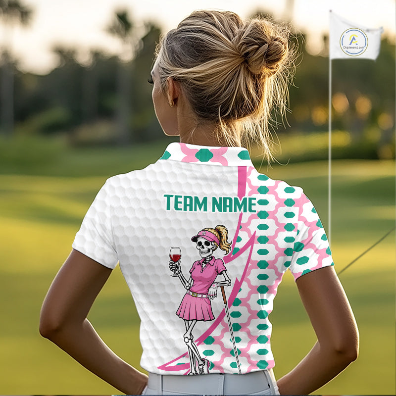 White golf polo shirt for women with skeleton golfer print on front and back