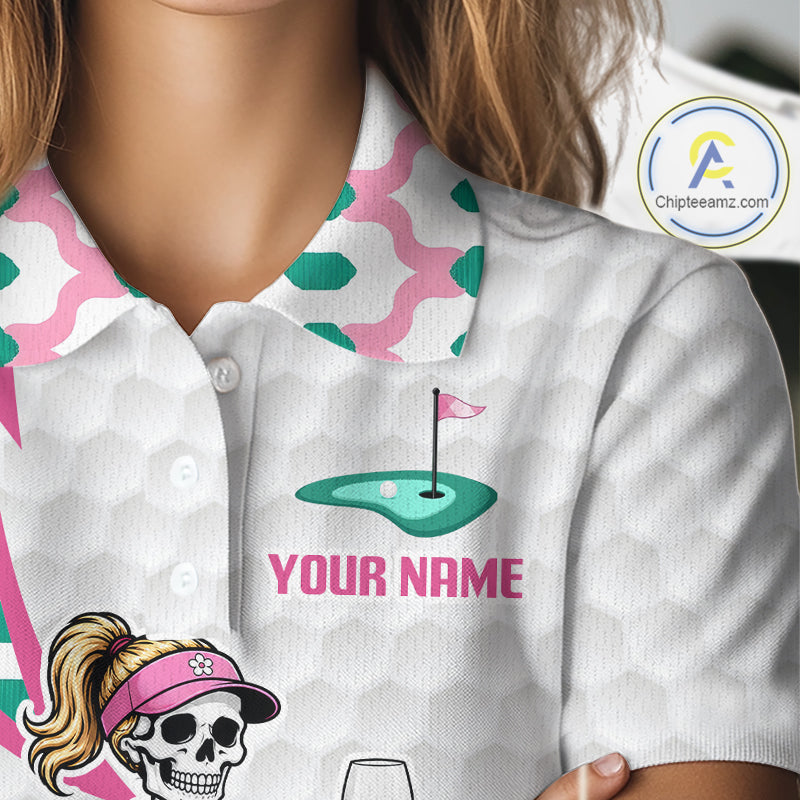 Funny Skeleton Pink Pattern Womens Golf Polo Shirt Golf Outfit Custom Name, Funny Golf Shirts NBT783