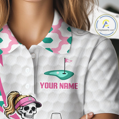 Funny Skeleton Pink Pattern Womens Golf Polo Shirt Golf Outfit Custom Name, Funny Golf Shirts NBT783