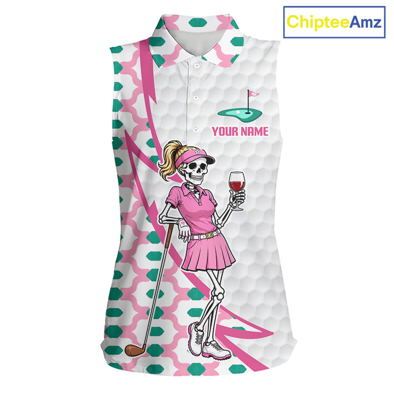 Front view of funny skeleton pink golf sleeveless polo shirt for women with custom name
