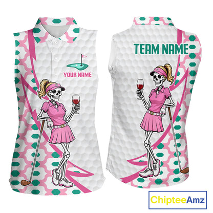 White golf polo shirt for women with skeleton golfer print on front and back