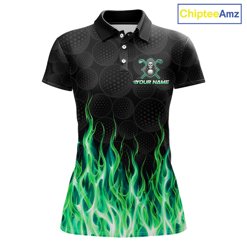 Custom Green Flame Reaper Golf Ball Pattern Womens Golf Polo Shirts Black Tournament Golf Team Shirts, Golf Outfit NBT875