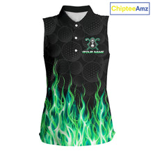 Load image into Gallery viewer, Custom Green Flame Reaper Golf Ball Pattern Womens Sleeveless Golf Polo Shirts Black Golf Team Shirts, Golf Outfit NBT875