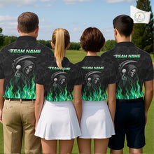 Load image into Gallery viewer, Mixed golf team wearing matching Green Flame Reaper custom name golf polo shirts