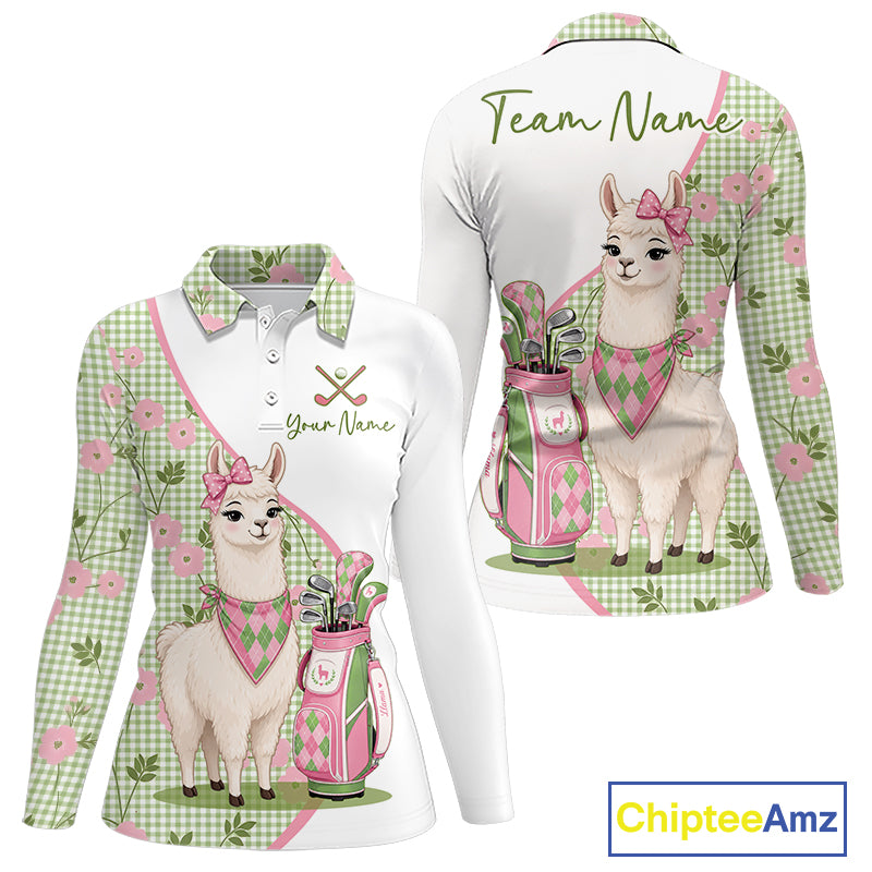 Front and back views of a womens funny alpaca plaid pattern long sleeve golf polo shirt, name text on the chest and team name on the back.