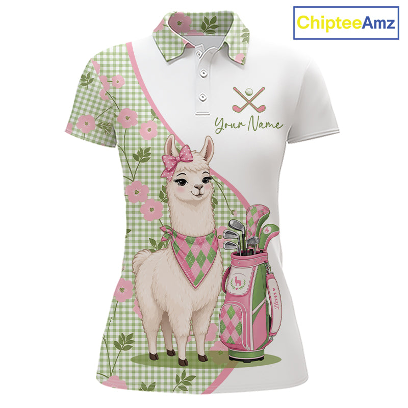 Front views of a womens funny alpaca plaid pattern golf polo shirt, name text on the chest.