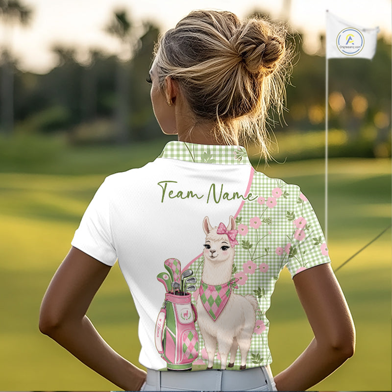 A woman wearing a funny alpaca plaid pattern golf polo shirt with "Team Name" on the back, standing on the golf course.