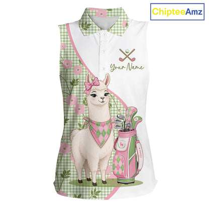 Funny Alpaca Llama Plaid Pattern Womens Sleeveless Golf Polo Shirts, Personalized Golf Gifts NBT791