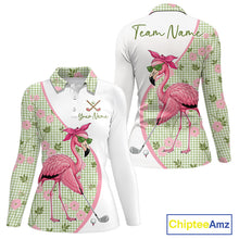 Load image into Gallery viewer, Front and back views of a womens funny flamingo plaid pattern long sleeve golf polo shirt, name text on the chest and team name on the back.