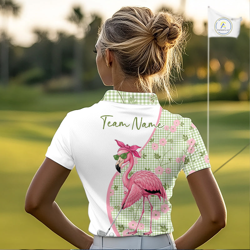 A woman wearing a funny flamingo plaid pattern golf polo shirt with “Team Name” on the back.
