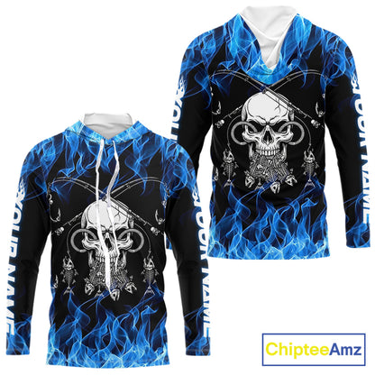 Fish Reaper Fishing Skull Fire Flame Long Sleeve Hooded Tournament Fishing Shirts, Skull Fishing Jerseys NBT692