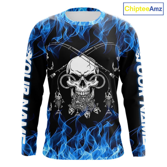 Fish Reaper Fishing Skull Fire Flame Long Sleeve Tournament Fishing Shirts, Skull Fishing Jerseys NBT692