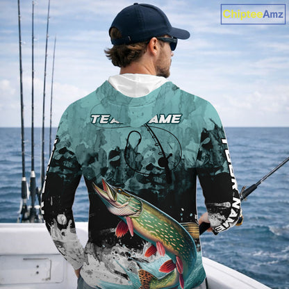 Personalized Northern Pike Fishing Jersey, Team Pike Fishing Long Sleeve Hooded Tournament Shirts NBT693