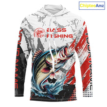 Load image into Gallery viewer, Front view of a bass long sleeve  hooded fishing shirt with name text on the sleeves.