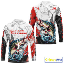 Load image into Gallery viewer, Front and back views of a bass long sleeve hooded fishing shirt with custom name text on the sleeve and team name on the back.
