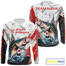 Load image into Gallery viewer, Front and back view of a bass fishing shirt long sleeve with name text on the sleeves and team name on the back.