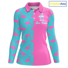 Load image into Gallery viewer, Front view of women’s long sleeve golf polo shirt with pink and blue flamingos pattern