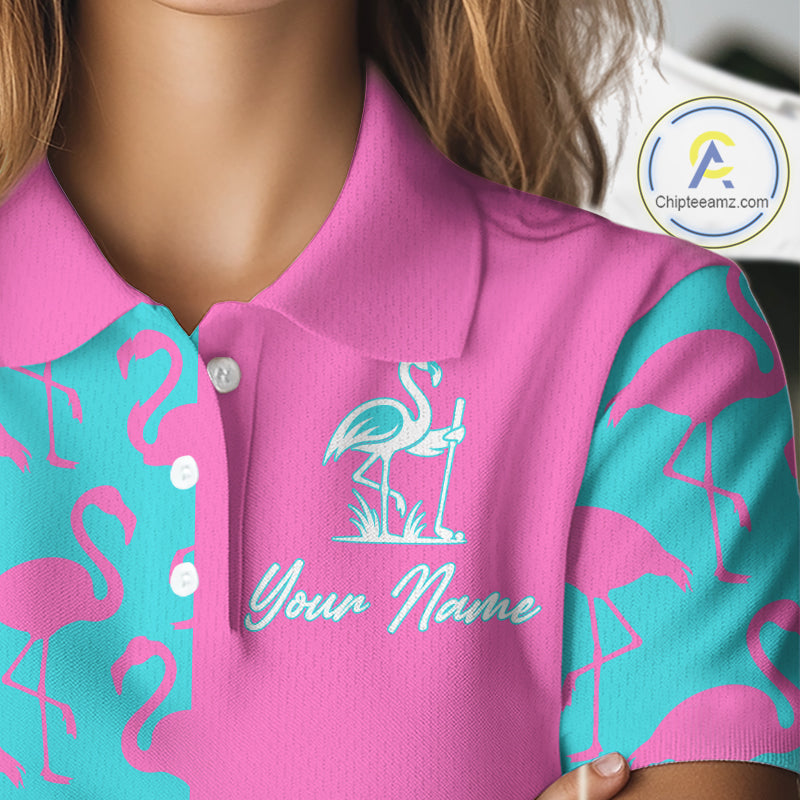 Close-up of pink and blue flamingos pattern on women’s golf polo shirt