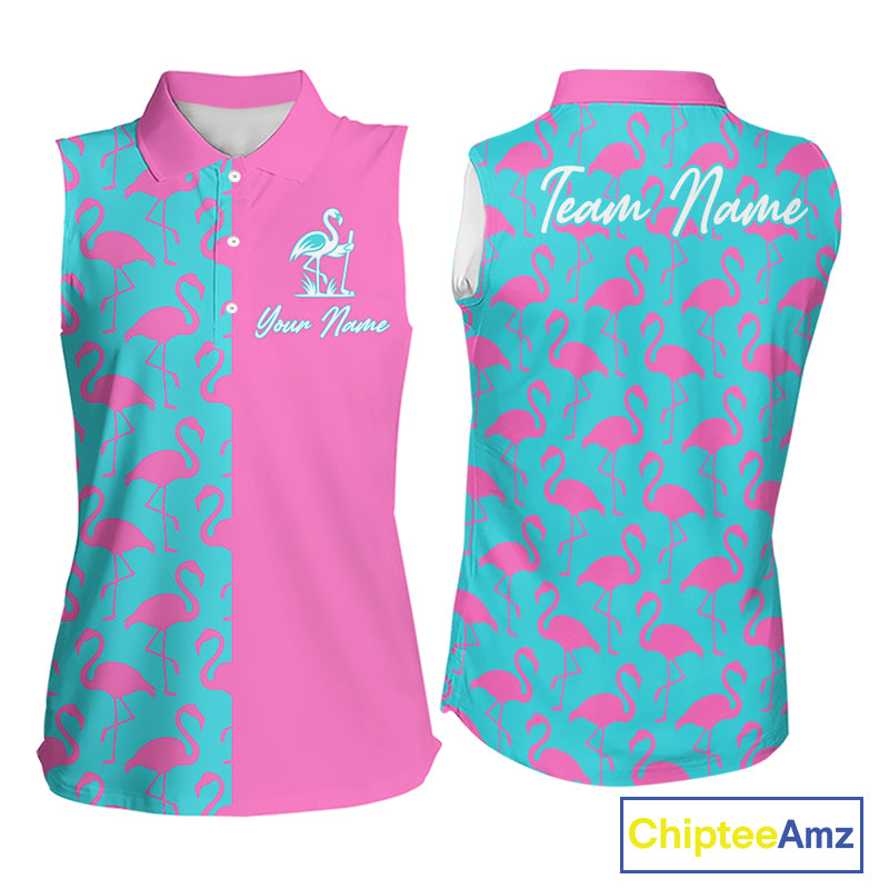 Front and back view of women’s sleeveless golf polo shirt with pink and blue flamingos pattern and personalized name