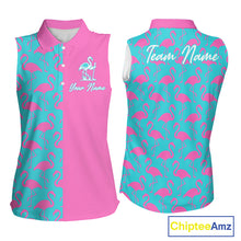 Load image into Gallery viewer, Front and back view of women’s sleeveless golf polo shirt with pink and blue flamingos pattern and personalized name